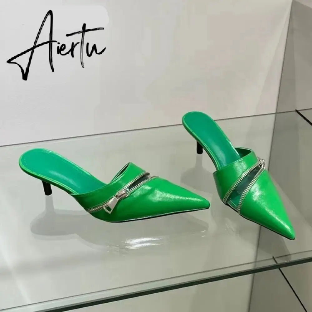 Aiertu  Summer New Women Slipper Fashion Brand Zipper Pointed Toe Slip On Ladies Elegant Mules Shoes Thin High Heel Slide Aiertu