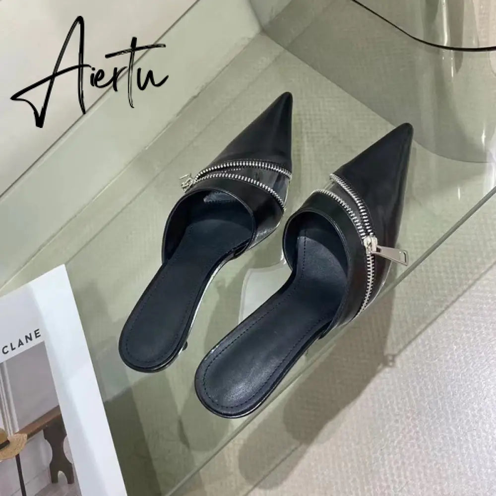 Aiertu  Summer New Women Slipper Fashion Brand Zipper Pointed Toe Slip On Ladies Elegant Mules Shoes Thin High Heel Slide Aiertu