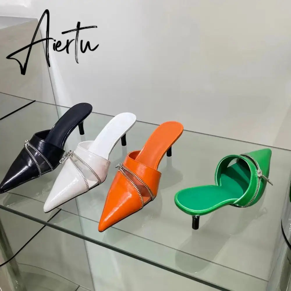 Aiertu  Summer New Women Slipper Fashion Brand Zipper Pointed Toe Slip On Ladies Elegant Mules Shoes Thin High Heel Slide Aiertu