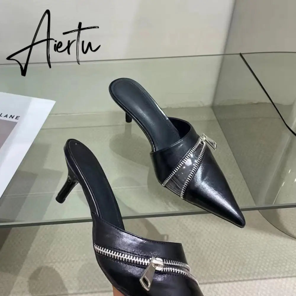 Aiertu  Summer New Women Slipper Fashion Brand Zipper Pointed Toe Slip On Ladies Elegant Mules Shoes Thin High Heel Slide Aiertu