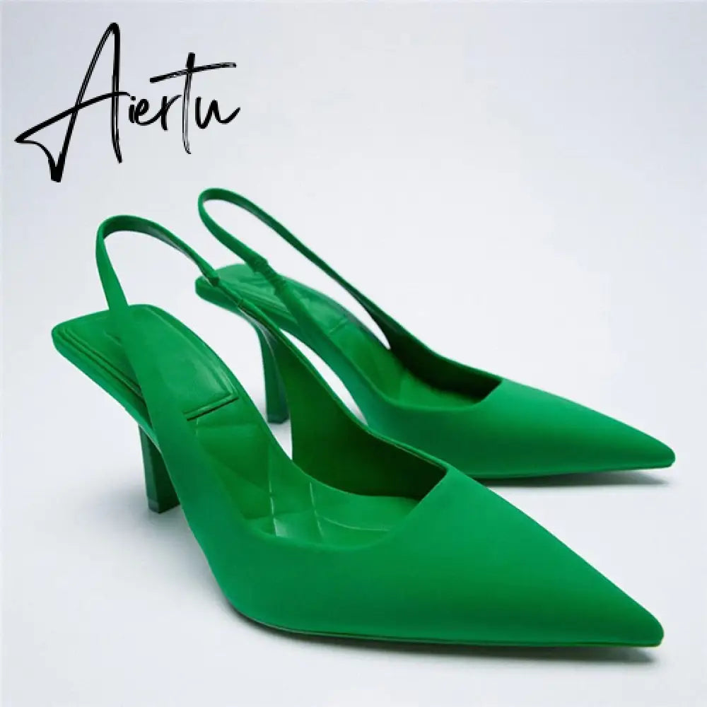 Aiertu Summer New Women's Sandals Closed Toe Green Single Shoes With Thin Heel Mid-heeled Fashion Hollow Pointed Toe Women Shoes Aiertu