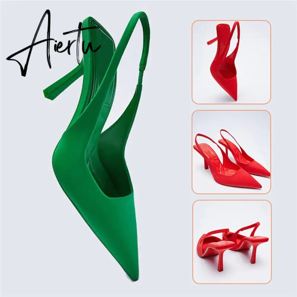 Aiertu Summer New Women's Sandals Closed Toe Green Single Shoes With Thin Heel Mid-heeled Fashion Hollow Pointed Toe Women Shoes Aiertu