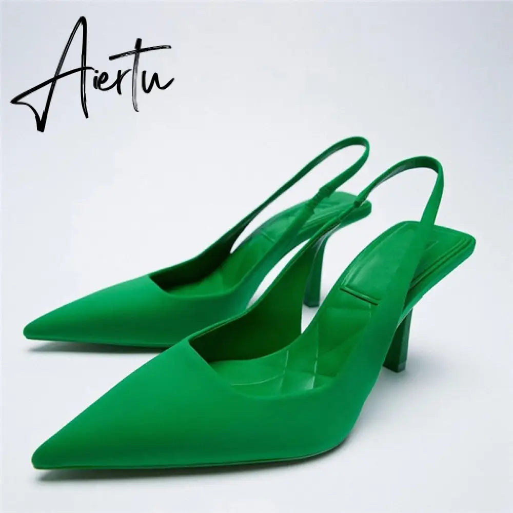 Aiertu Summer New Women's Sandals Closed Toe Green Single Shoes With Thin Heel Mid-heeled Fashion Hollow Pointed Toe Women Shoes Aiertu
