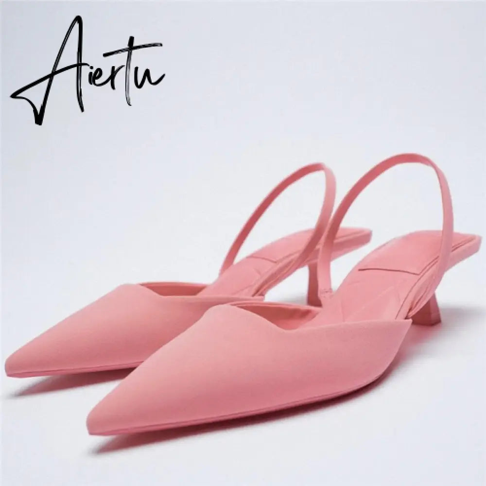 Aiertu Summer New Women's Sandals Closed Toe Green Single Shoes With Thin Heel Mid-heeled Fashion Hollow Pointed Toe Women Shoes Aiertu