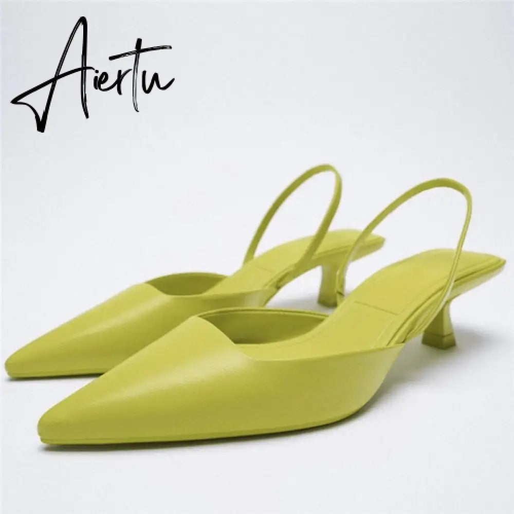 Aiertu Summer New Women's Sandals Closed Toe Green Single Shoes With Thin Heel Mid-heeled Fashion Hollow Pointed Toe Women Shoes Aiertu