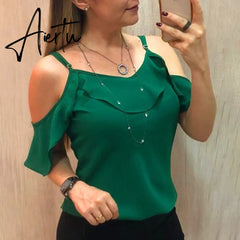 Aiertu Summer Off The Shoulder Ruffles Short Sleeve Blouse New Women Y2K Clothes Harajuku Plus Size Casual Spaghetti Strap Solid Shirts Aiertu