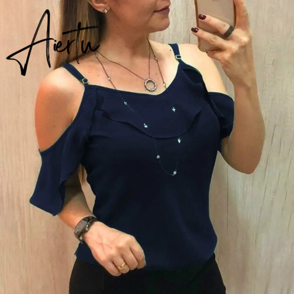 Aiertu Summer Off The Shoulder Ruffles Short Sleeve Blouse New Women Y2K Clothes Harajuku Plus Size Casual Spaghetti Strap Solid Shirts Aiertu