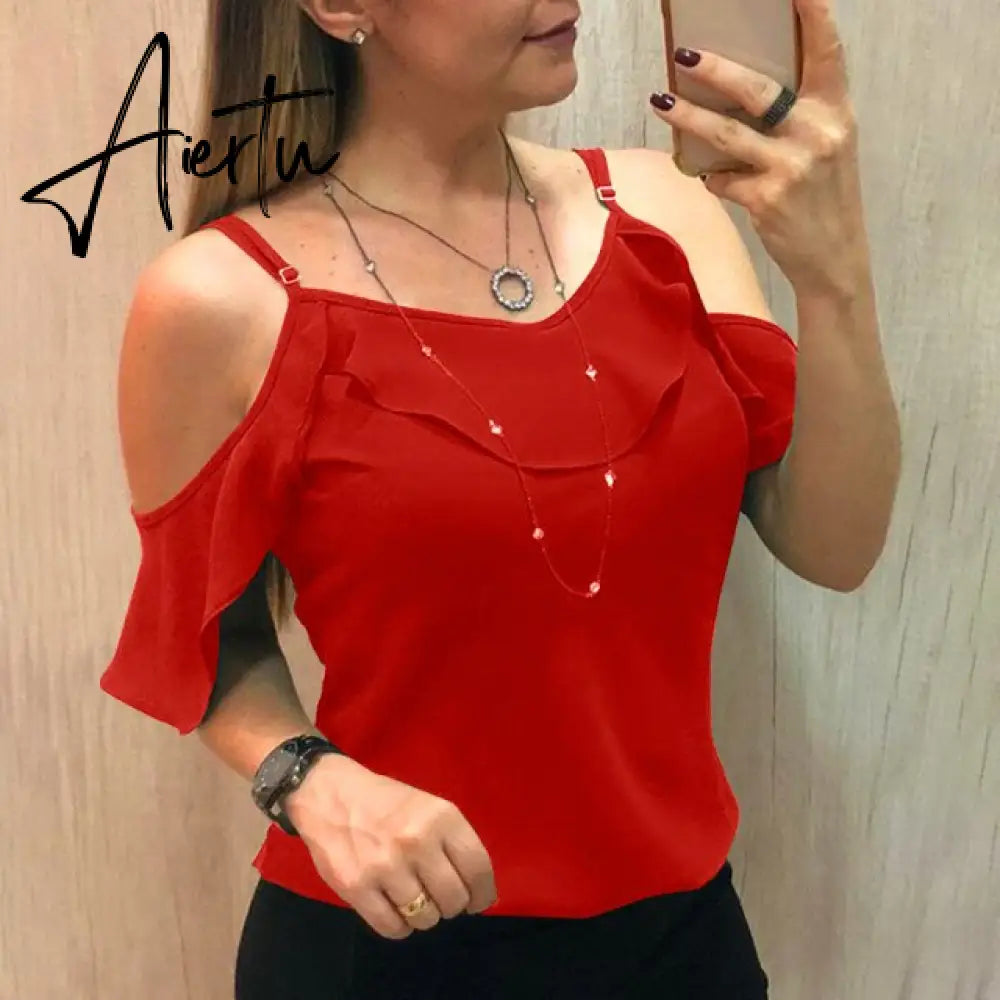 Aiertu Summer Off The Shoulder Ruffles Short Sleeve Blouse New Women Y2K Clothes Harajuku Plus Size Casual Spaghetti Strap Solid Shirts Aiertu