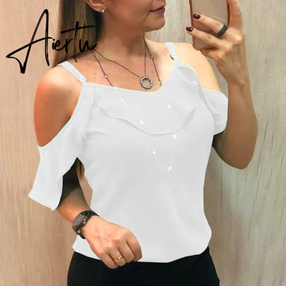 Aiertu Summer Off The Shoulder Ruffles Short Sleeve Blouse New Women Y2K Clothes Harajuku Plus Size Casual Spaghetti Strap Solid Shirts Aiertu