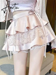 Aiertu Summer Pink Sexy Elegant Skirt Women Lace Designer Fashion Party Mini Skirt Female Ruffle Bandage Korean Vintage Skirt New Aiertu