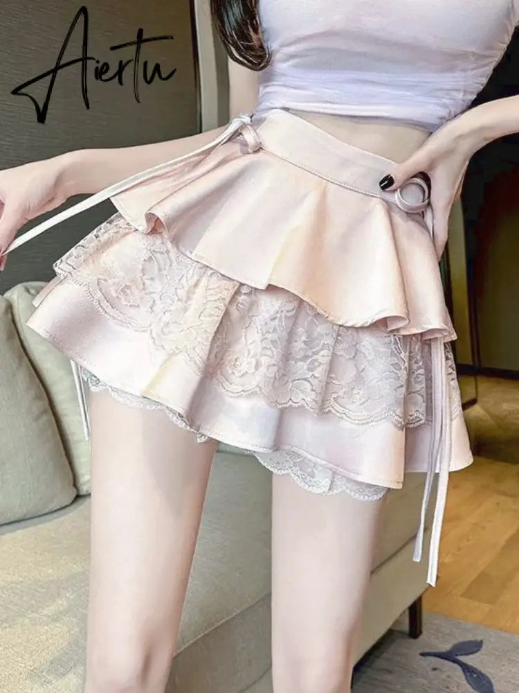 Aiertu Summer Pink Sexy Elegant Skirt Women Lace Designer Fashion Party Mini Skirt Female Ruffle Bandage Korean Vintage Skirt New Aiertu