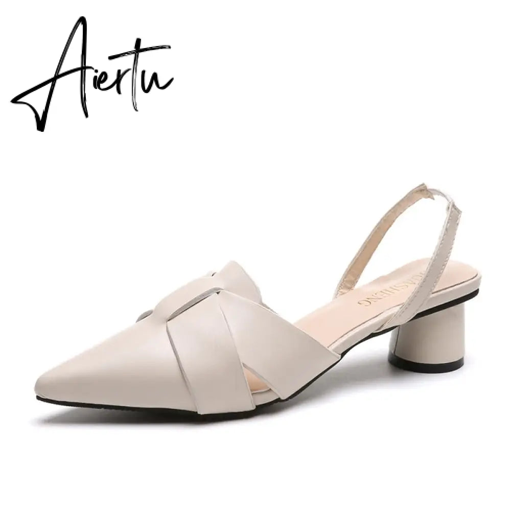 Aiertu  Summer Pointed Toe Sandals Women Fashion High Quality Beige Square Heel Shoes Casual Sweet Party Yellow High Heels Plus Size 42 Aiertu