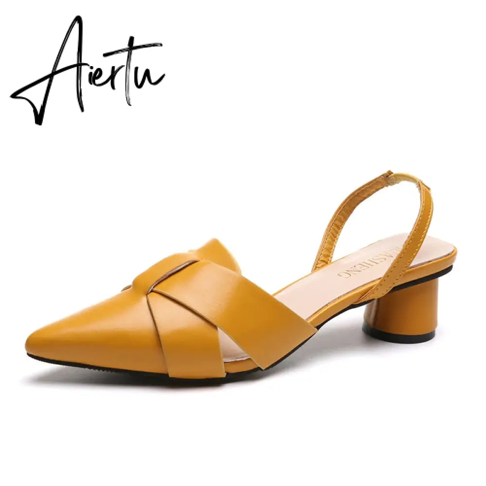 Aiertu  Summer Pointed Toe Sandals Women Fashion High Quality Beige Square Heel Shoes Casual Sweet Party Yellow High Heels Plus Size 42 Aiertu