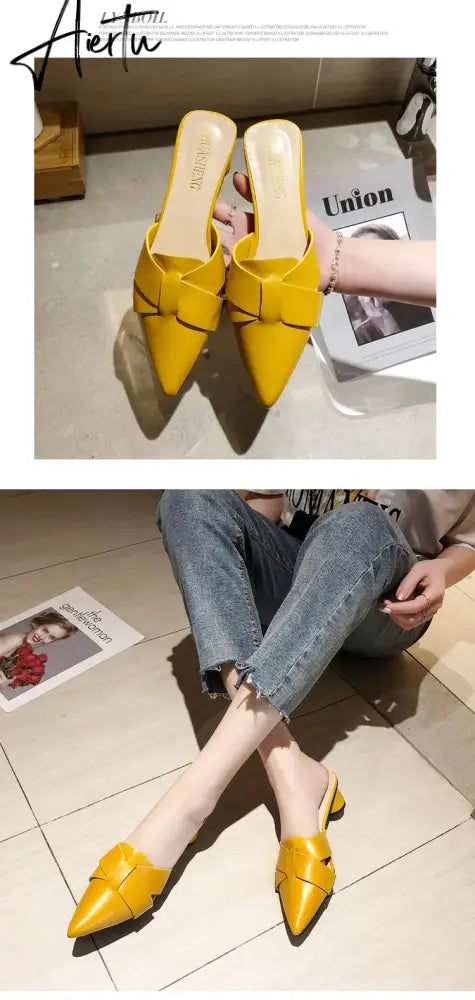 Aiertu  Summer Pointed Toe Sandals Women Fashion High Quality Beige Square Heel Shoes Casual Sweet Party Yellow High Heels Plus Size 42 Aiertu