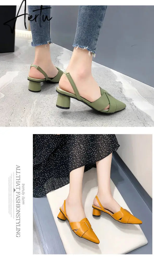 Aiertu  Summer Pointed Toe Sandals Women Fashion High Quality Beige Square Heel Shoes Casual Sweet Party Yellow High Heels Plus Size 42 Aiertu