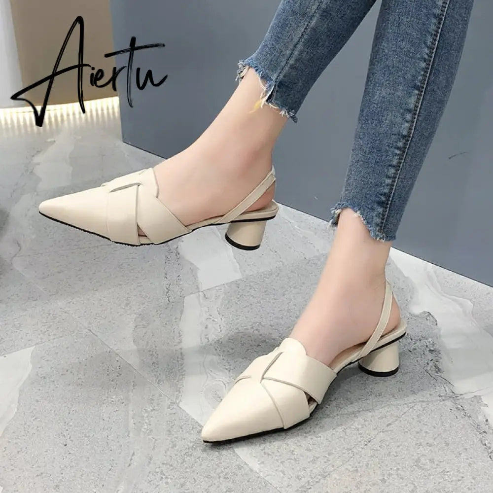 Aiertu  Summer Pointed Toe Sandals Women Fashion High Quality Beige Square Heel Shoes Casual Sweet Party Yellow High Heels Plus Size 42 Aiertu