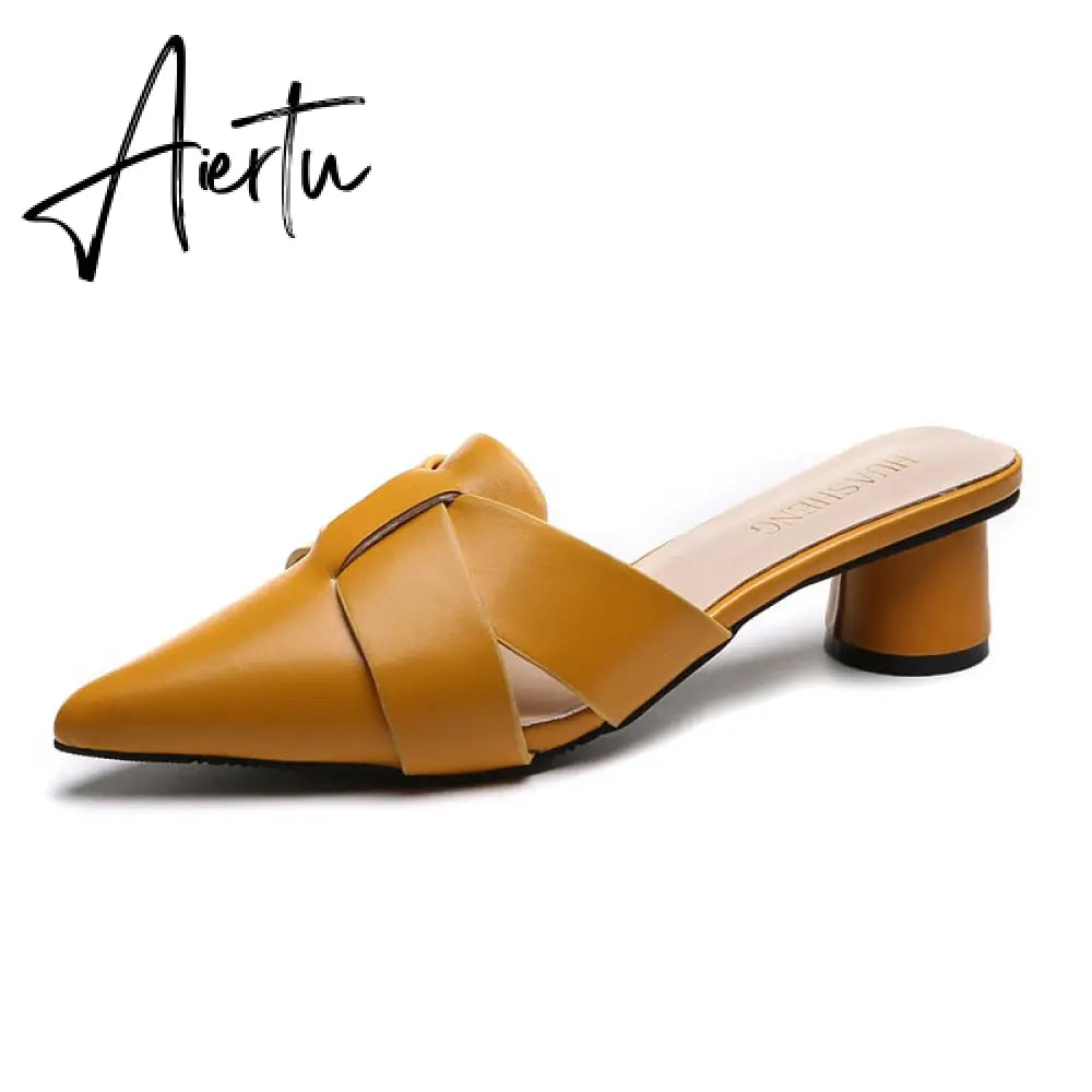 Aiertu  Summer Pointed Toe Sandals Women Fashion High Quality Beige Square Heel Shoes Casual Sweet Party Yellow High Heels Plus Size 42 Aiertu