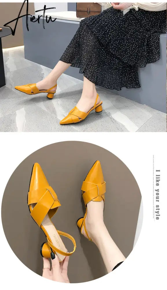 Aiertu  Summer Pointed Toe Sandals Women Fashion High Quality Beige Square Heel Shoes Casual Sweet Party Yellow High Heels Plus Size 42 Aiertu