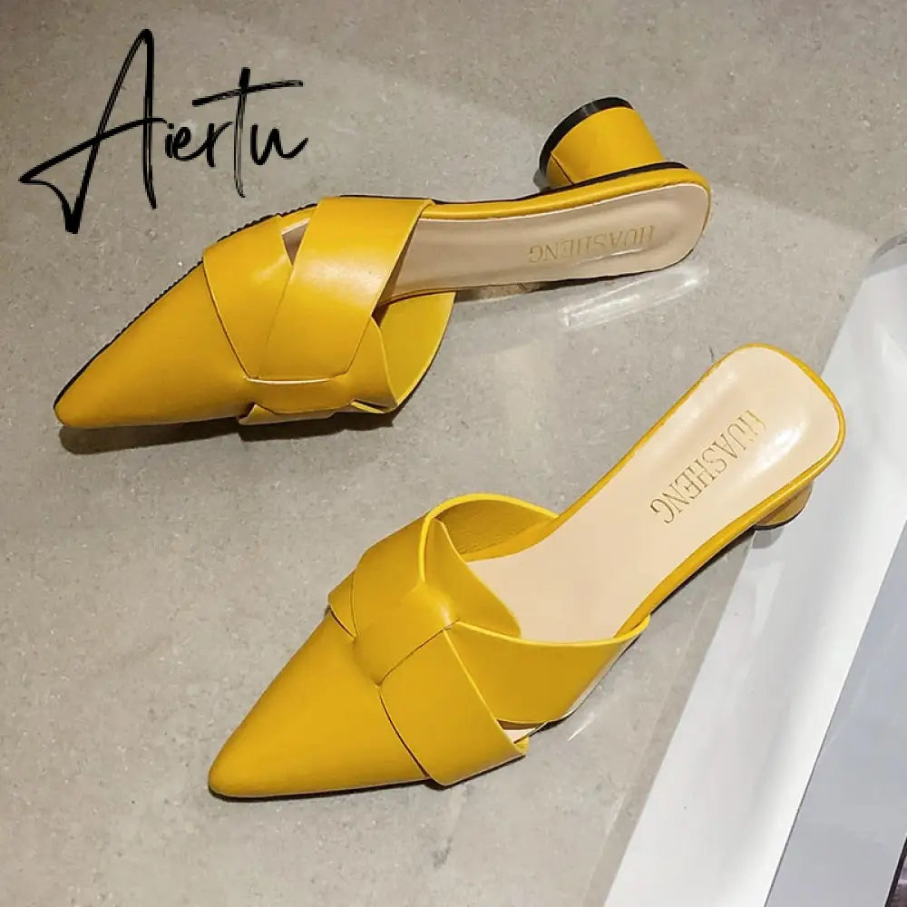 Aiertu  Summer Pointed Toe Sandals Women Fashion High Quality Beige Square Heel Shoes Casual Sweet Party Yellow High Heels Plus Size 42 Aiertu