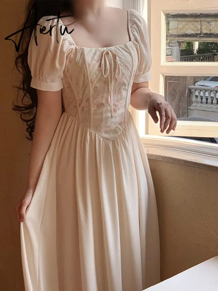 Aiertu Summer Print Elegant Sweet Dress Women Puff Sleeve France Vintage Princess Dress Female Korean Style Party Midi Dress  New Aiertu