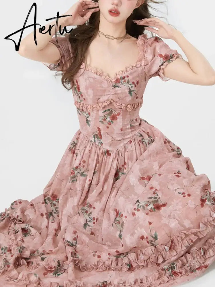 Aiertu Summer Print Floral France Vintage Dress Women Puff Sleeve Evening Party Midi Dress Female Lace Elegant Sweet Fairy Dress Aiertu