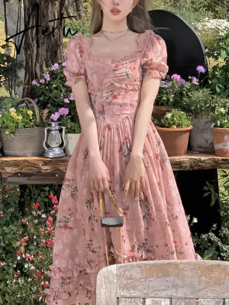 Aiertu Summer Print Floral France Vintage Dress Women Puff Sleeve Evening Party Midi Dress Female Lace Elegant Sweet Fairy Dress Aiertu