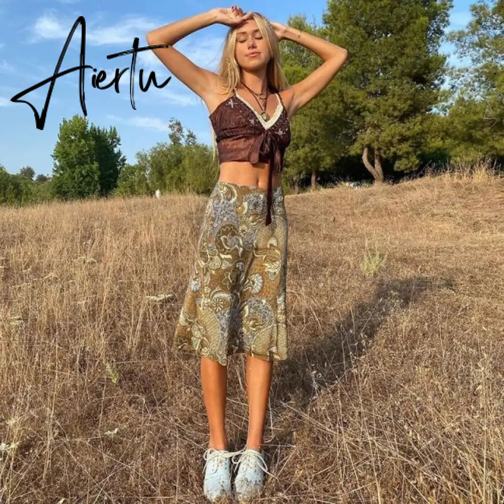 Aiertu Summer Print Skirt Women A-Line Trendy Y2K Skirts Harajuku Knee-Length Casual High Waist Party Streetwear Bodycon E-girl Skirt Aiertu