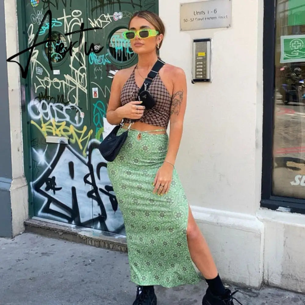 Aiertu Summer Print Skirt Women A-Line Trendy Y2K Skirts Harajuku Knee-Length Casual High Waist Party Streetwear Bodycon E-girl Skirt Aiertu