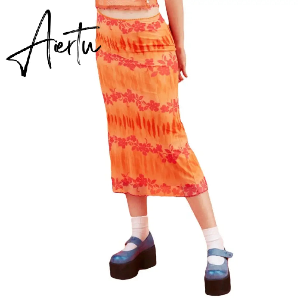 Aiertu Summer Print Skirt Women A-Line Trendy Y2K Skirts Harajuku Knee-Length Casual High Waist Party Streetwear Bodycon E-girl Skirt Aiertu