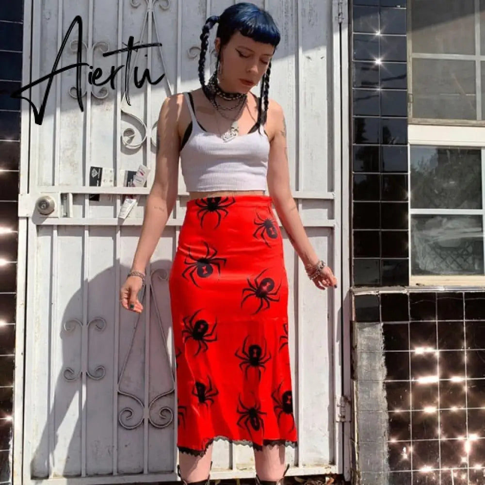 Aiertu Summer Print Skirt Women A-Line Trendy Y2K Skirts Harajuku Knee-Length Casual High Waist Party Streetwear Bodycon E-girl Skirt Aiertu