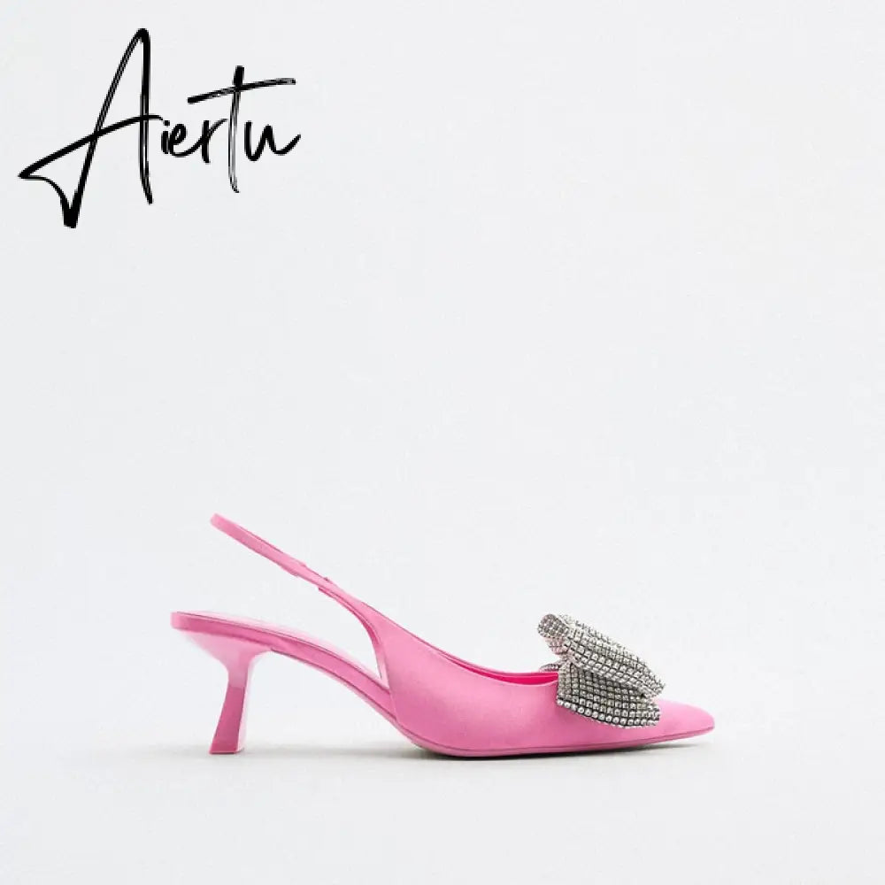 Aiertu  Summer Sandals Luxury Women New Cute Fashion Pink Bow Tie Rhinestone Pointed High Heels Sexy Pumps Plus Size 35-41 Aiertu