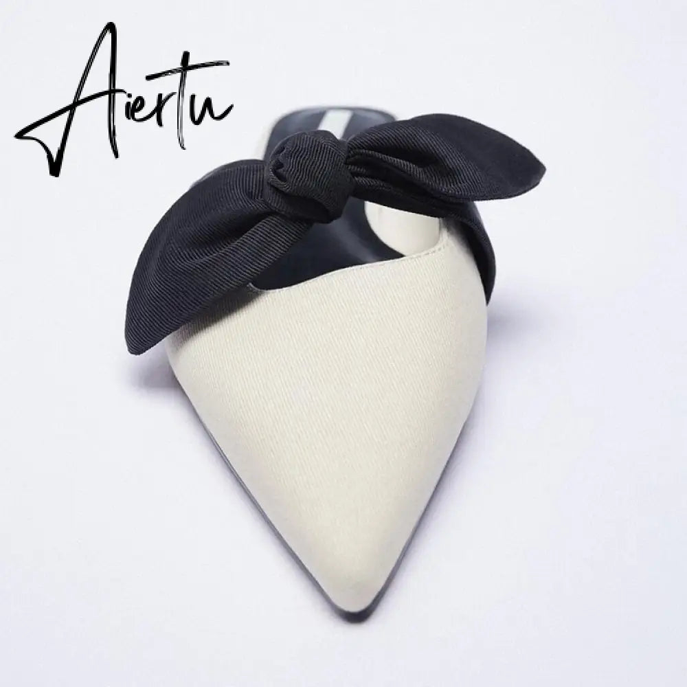 Aiertu  Summer Sandals Women New Fashion Beige Flat Shoes Pointed Sexy Bow Outer Wear Plus Size 41 Lazy Slippers Luxury Brand Aiertu