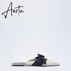 Aiertu  Summer Sandals Women New Fashion Beige Flat Shoes Pointed Sexy Bow Outer Wear Plus Size 41 Lazy Slippers Luxury Brand Aiertu