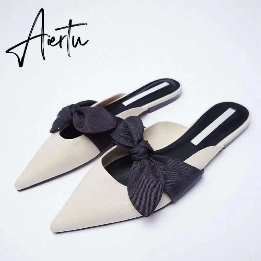 Aiertu  Summer Sandals Women New Fashion Beige Flat Shoes Pointed Sexy Bow Outer Wear Plus Size 41 Lazy Slippers Luxury Brand Aiertu