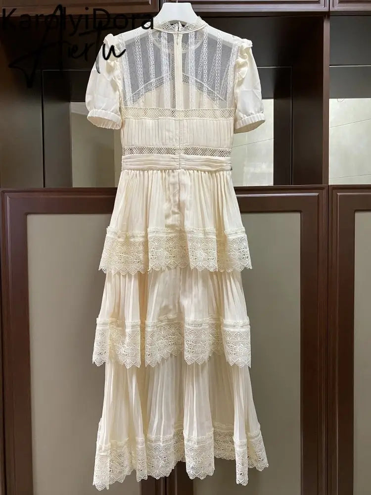 Aiertu Summer Self Portrait Beige Pleated Dress Women Short Sleeve Lace Patchwork Cascading Ruffles Long Dress Female Layer Cake Dress Aiertu