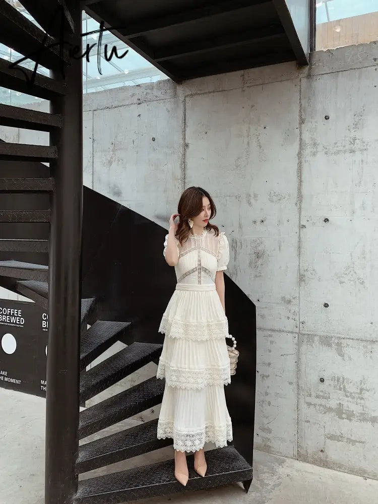 Aiertu Summer Self Portrait Beige Pleated Dress Women Short Sleeve Lace Patchwork Cascading Ruffles Long Dress Female Layer Cake Dress Aiertu
