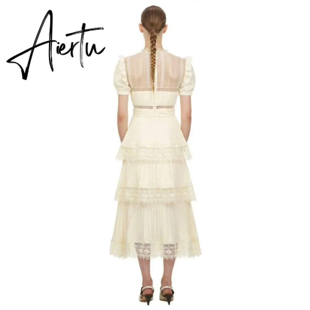 Aiertu Summer Self Portrait Beige Pleated Dress Women Short Sleeve Lace Patchwork Cascading Ruffles Long Dress Female Layer Cake Dress Aiertu