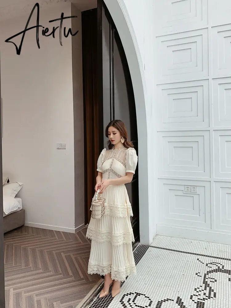 Aiertu Summer Self Portrait Beige Pleated Dress Women Short Sleeve Lace Patchwork Cascading Ruffles Long Dress Female Layer Cake Dress Aiertu