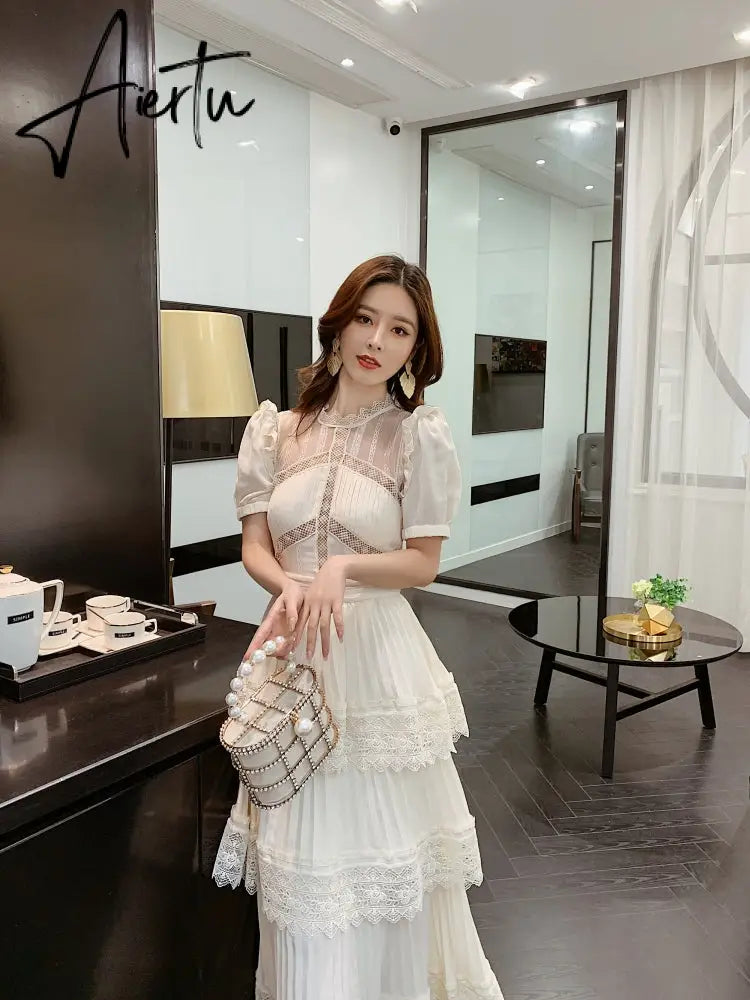 Aiertu Summer Self Portrait Beige Pleated Dress Women Short Sleeve Lace Patchwork Cascading Ruffles Long Dress Female Layer Cake Dress Aiertu