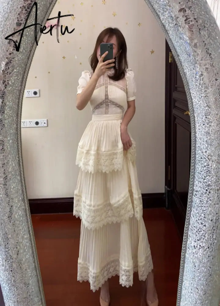 Aiertu Summer Self Portrait Beige Pleated Dress Women Short Sleeve Lace Patchwork Cascading Ruffles Long Dress Female Layer Cake Dress Aiertu