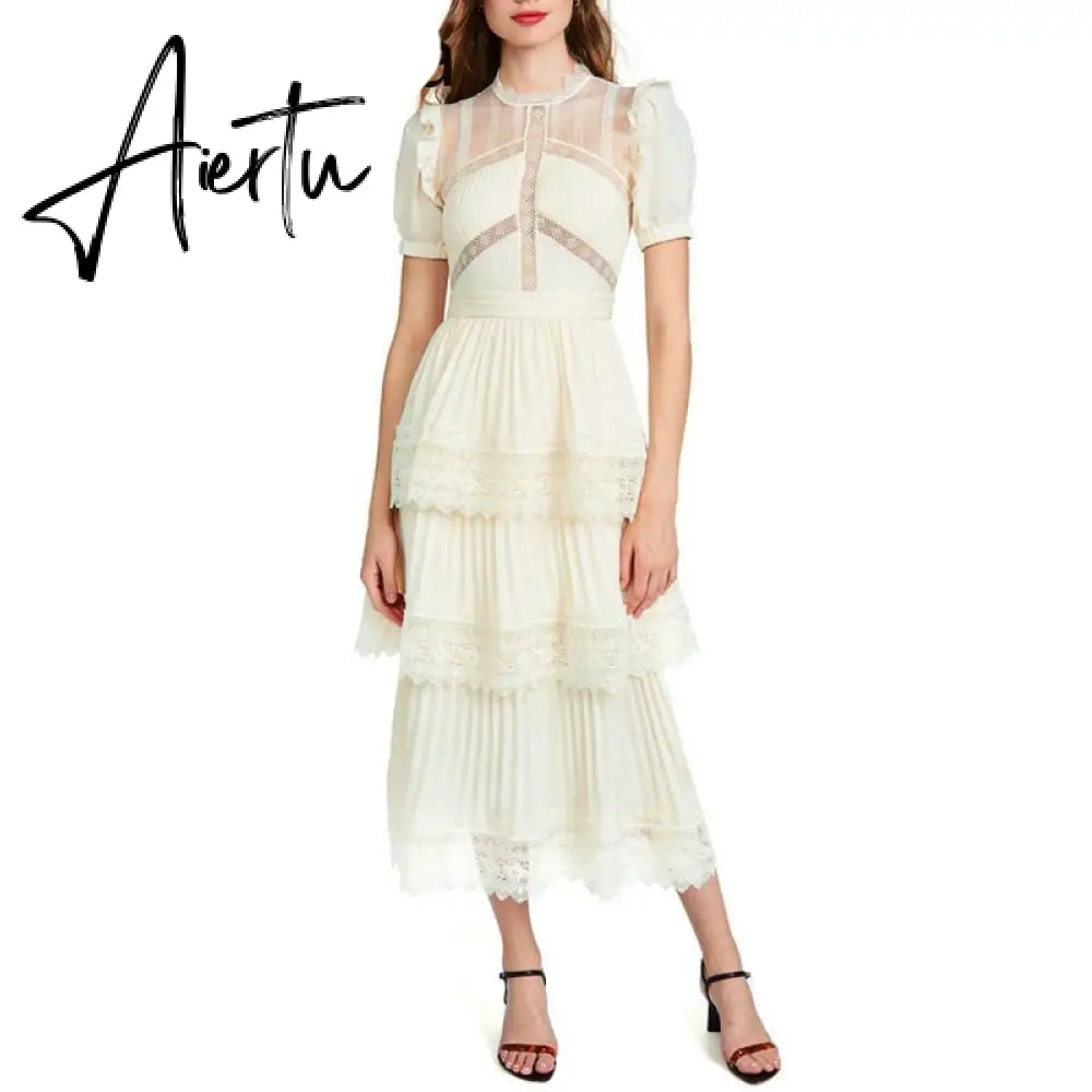 Aiertu Summer Self Portrait Beige Pleated Dress Women Short Sleeve Lace Patchwork Cascading Ruffles Long Dress Female Layer Cake Dress Aiertu