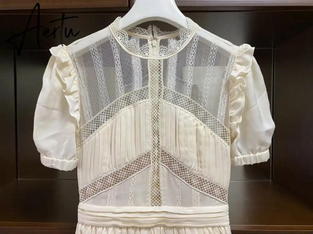 Aiertu Summer Self Portrait Beige Pleated Dress Women Short Sleeve Lace Patchwork Cascading Ruffles Long Dress Female Layer Cake Dress Aiertu