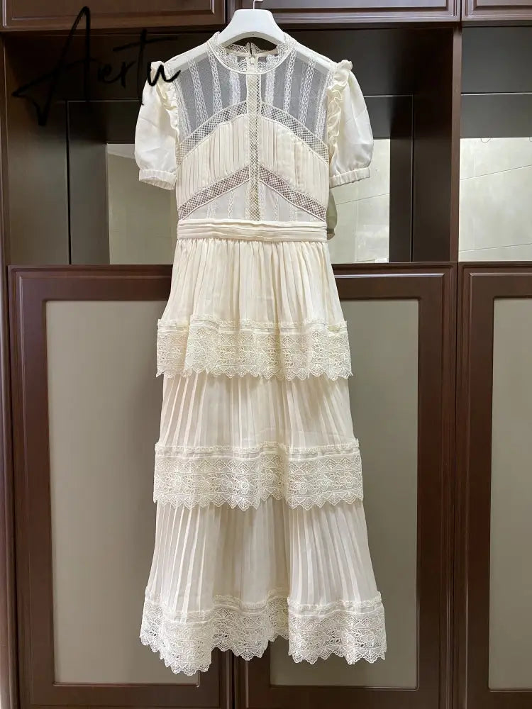 Aiertu Summer Self Portrait Beige Pleated Dress Women Short Sleeve Lace Patchwork Cascading Ruffles Long Dress Female Layer Cake Dress Aiertu