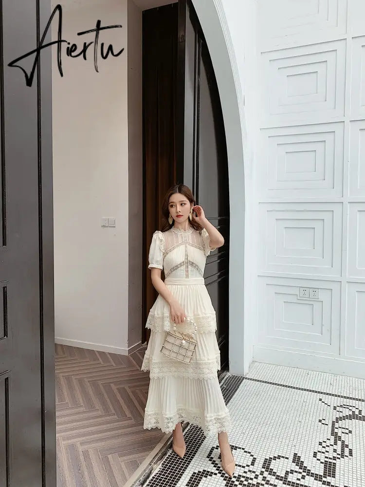 Aiertu Summer Self Portrait Beige Pleated Dress Women Short Sleeve Lace Patchwork Cascading Ruffles Long Dress Female Layer Cake Dress Aiertu