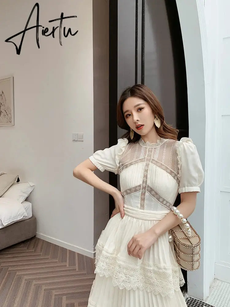 Aiertu Summer Self Portrait Beige Pleated Dress Women Short Sleeve Lace Patchwork Cascading Ruffles Long Dress Female Layer Cake Dress Aiertu