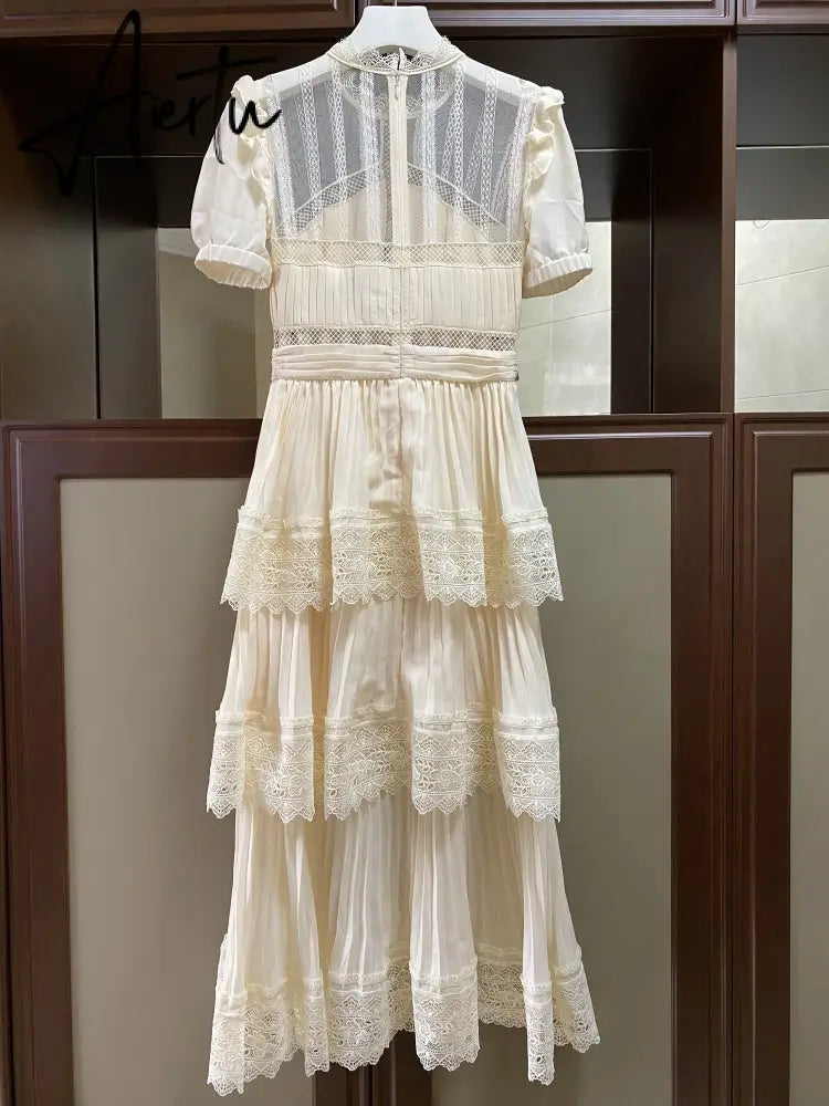 Aiertu Summer Self Portrait Beige Pleated Dress Women Short Sleeve Lace Patchwork Cascading Ruffles Long Dress Female Layer Cake Dress Aiertu