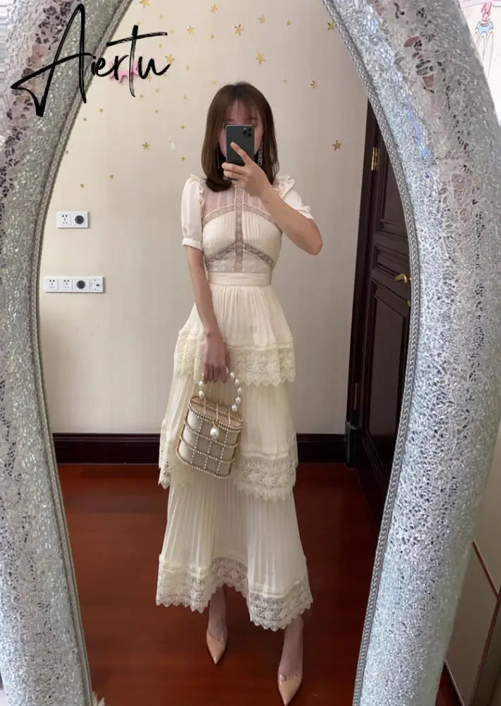 Aiertu Summer Self Portrait Beige Pleated Dress Women Short Sleeve Lace Patchwork Cascading Ruffles Long Dress Female Layer Cake Dress Aiertu