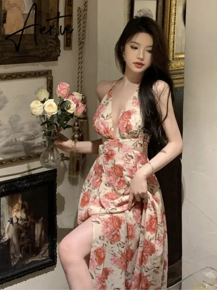 Aiertu Summer Sexy Beach Style Party Dress Women Korean Casual One Piece Sleeveless Floral Long Dress Lady V-neck Outwear Aiertu