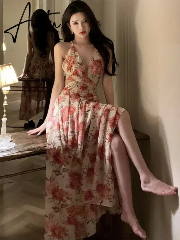 Aiertu Summer Sexy Beach Style Party Dress Women Korean Casual One Piece Sleeveless Floral Long Dress Lady V-neck Outwear Aiertu