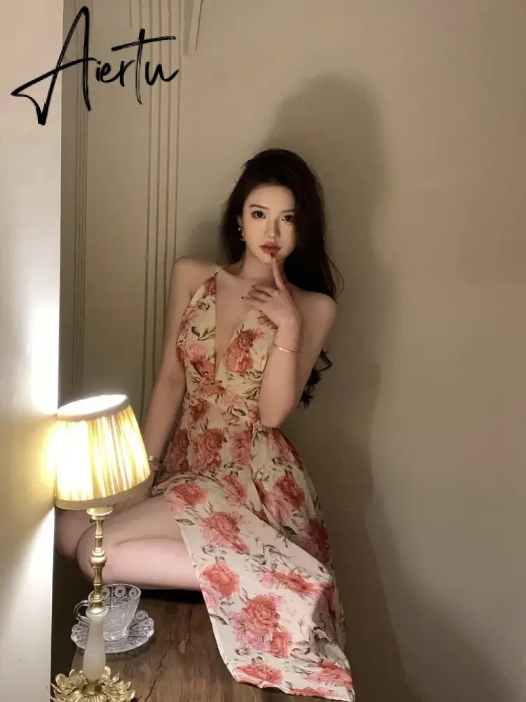 Aiertu Summer Sexy Beach Style Party Dress Women Korean Casual One Piece Sleeveless Floral Long Dress Lady V-neck Outwear Aiertu